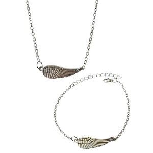 Womens Silver Tone Angel Wing Necklace & Bracelet